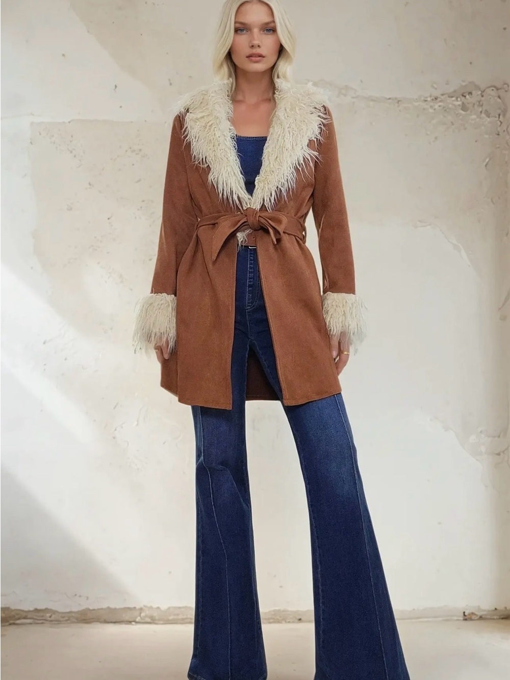 Penny Lane Faux Suede Brown Coat with Cream Faux Fur Trim
